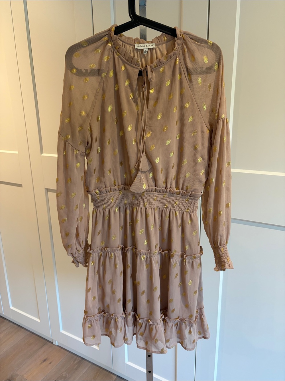 Dusty Pink/ Tan Ruffle Tiered Dress with Gold Foil Dots